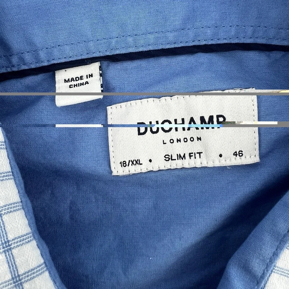 Duchamp London Men's Dress Shirt 18 XXL 46 Blue White Check Slim‎ Fit Stretch